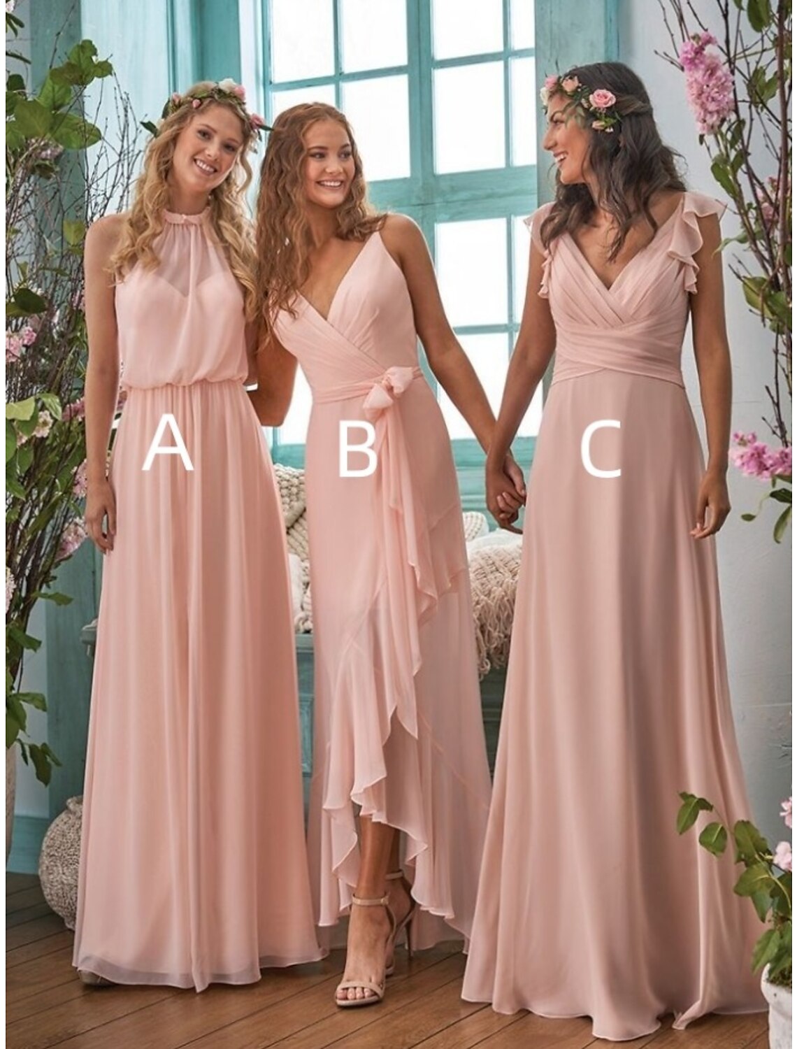 Luolandi A-Line Bridesmaid Dress Halter Neck / V Neck Sleeveless Elegant Floor Length Chiffon with Split Front / Ruching